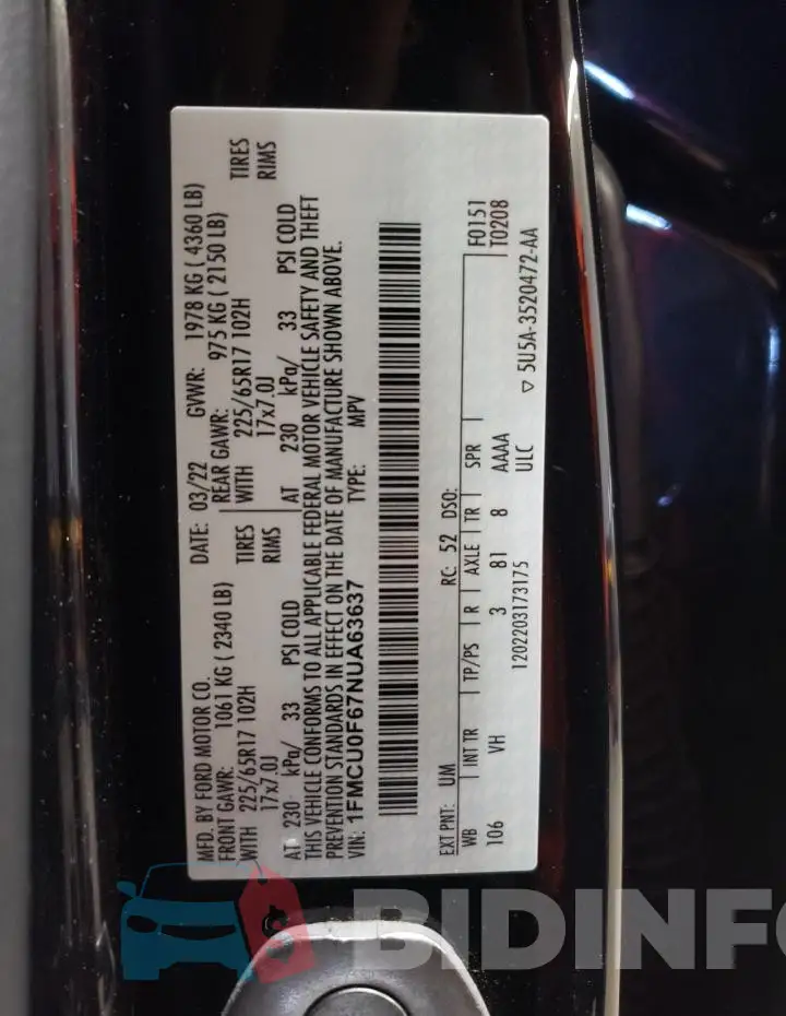 1FMCU0F67NUA63637 Photo# 12