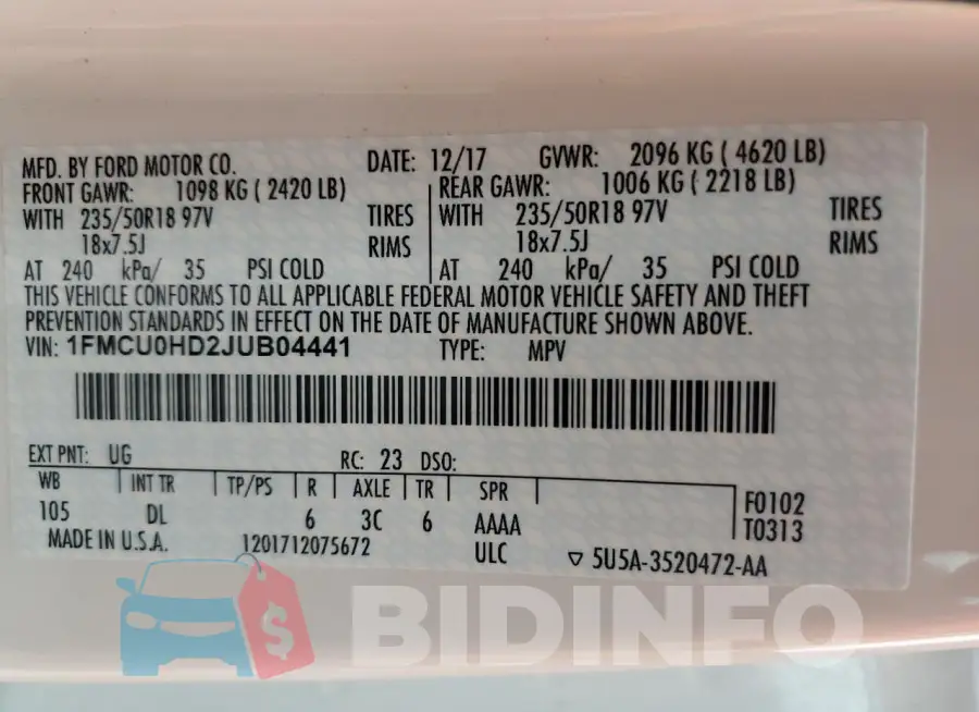 1FMCU0HD2JUB04441 Photo# 14