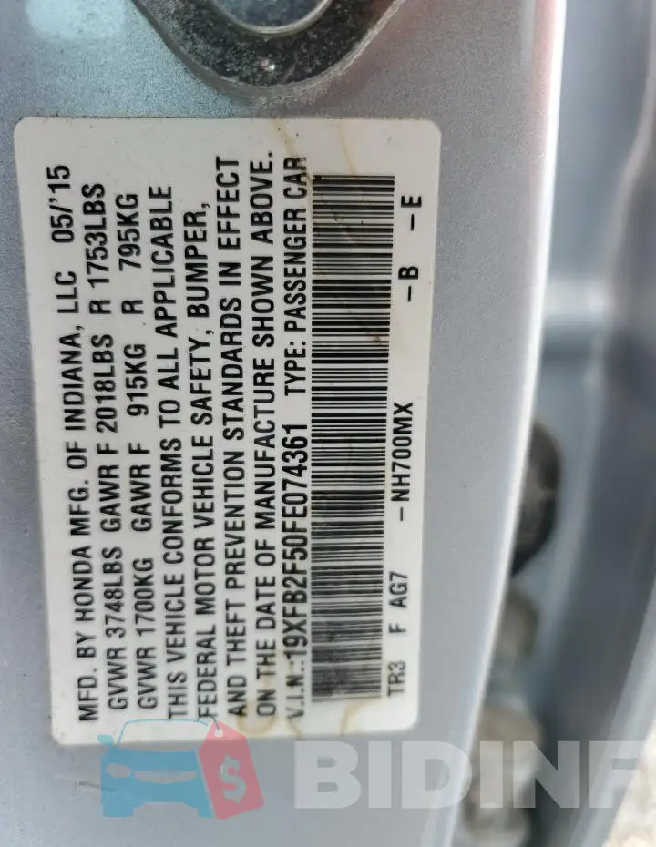 19XFB2F50FE074361 Photo# 12