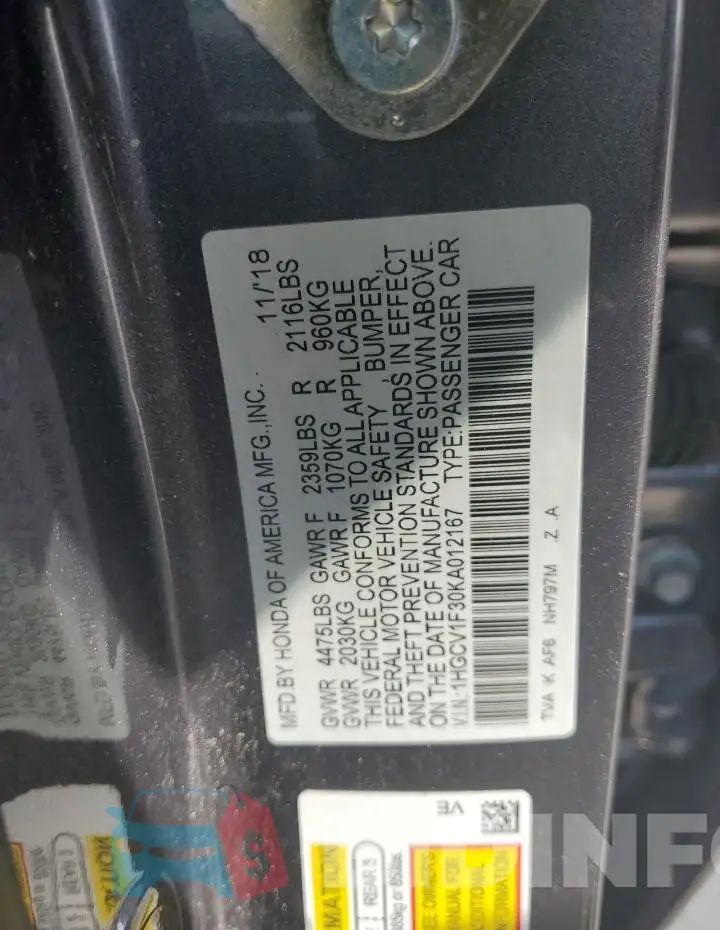 1HGCV1F30KA012167 Photo# 12