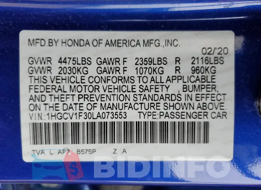 1HGCV1F30LA073553 Photo# 12
