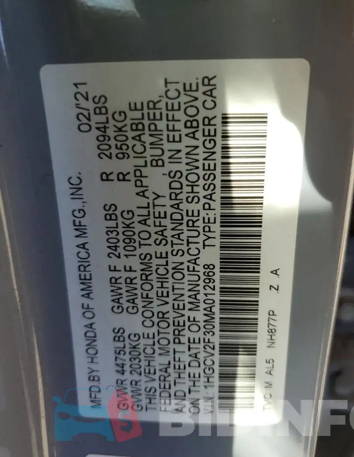 1HGCV2F30MA012968 Photo# 13
