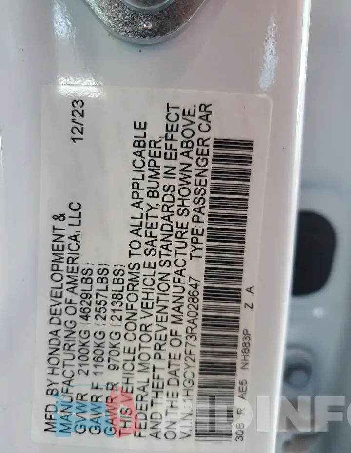 1HGCY2F73RA028647 Photo# 12