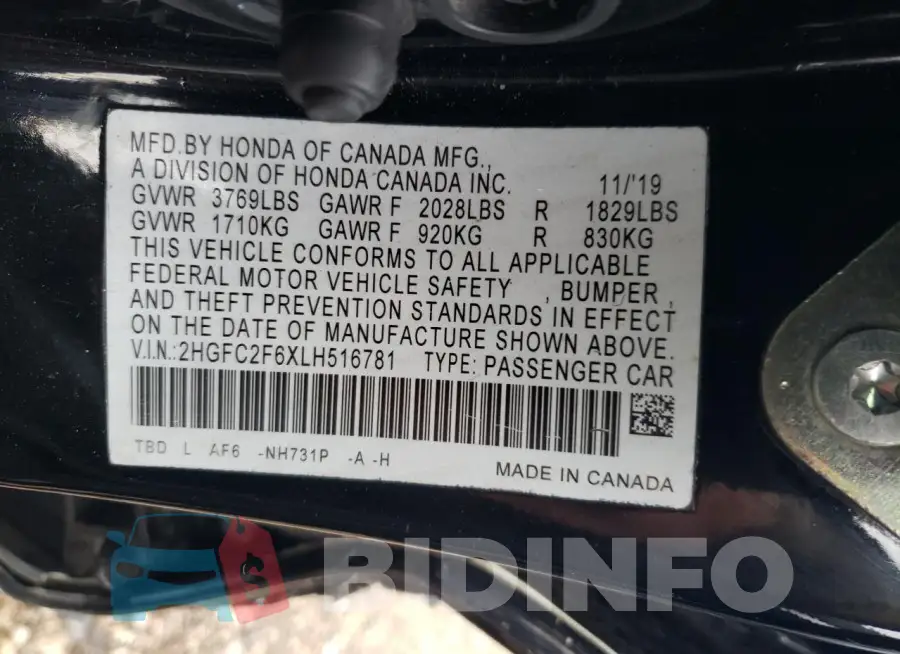 2HGFC2F6XLH516781 Photo# 12