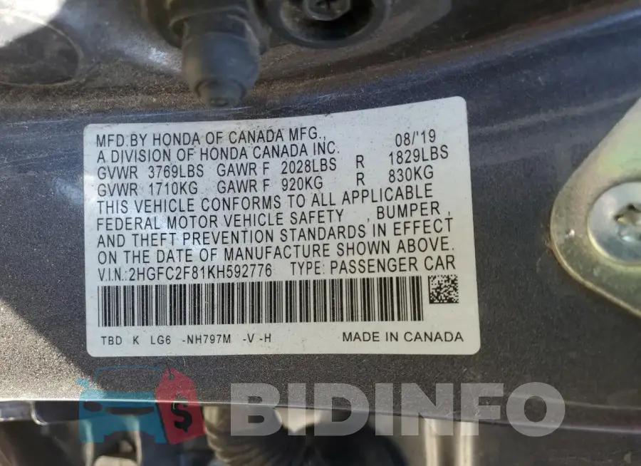 2HGFC2F81KH592776 Photo# 13