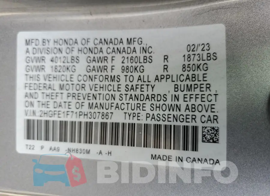 2HGFE1F71PH307867 Photo# 13
