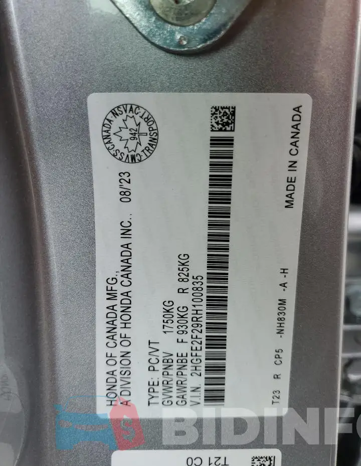 2HGFE2F29RH100835 Photo# 12