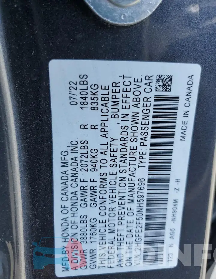 2HGFE2F50NH597696 Photo# 12