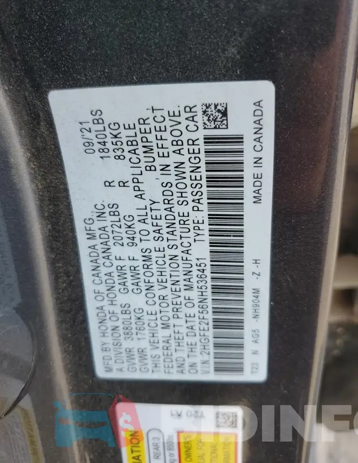 2HGFE2F56NH536451 Photo# 13