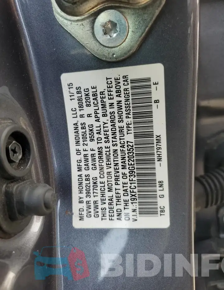 19XFC1F39GE203527 Photo# 12