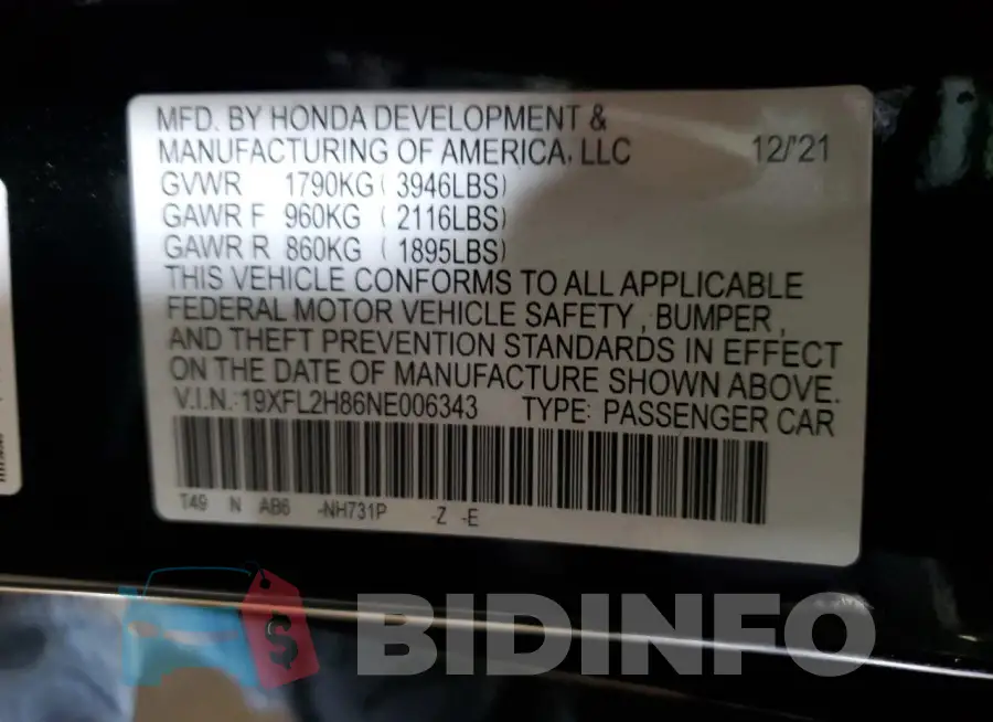 19XFL2H86NE006343 Photo# 12