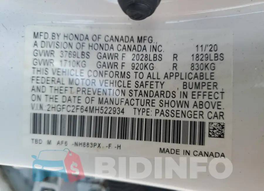 2HGFC2F64MH522934 Photo# 13