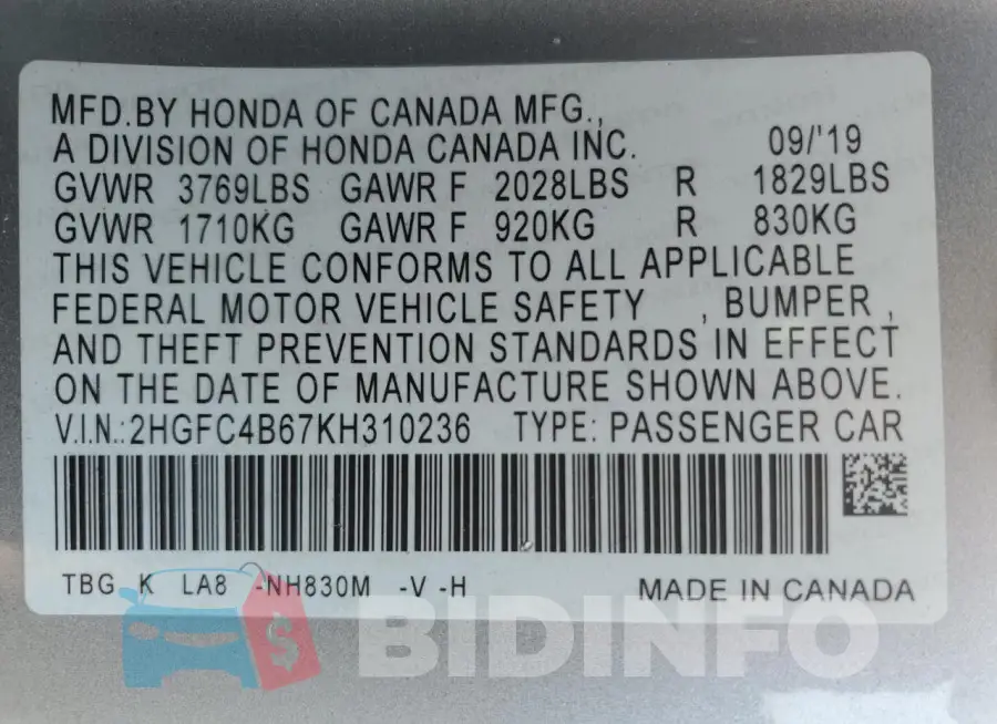 2HGFC4B67KH310236 Photo# 13
