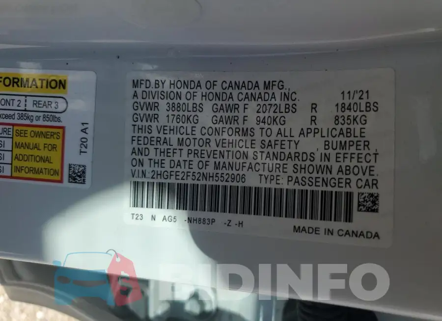 2HGFE2F52NH552906 Photo# 13