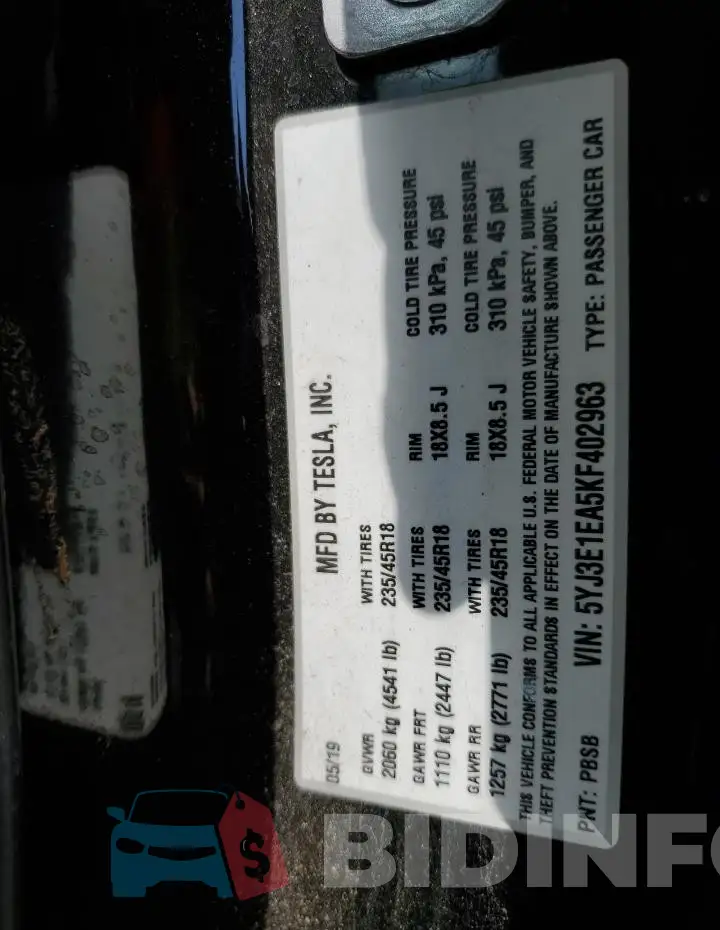 5YJ3E1EA5KF402963 Photo# 12