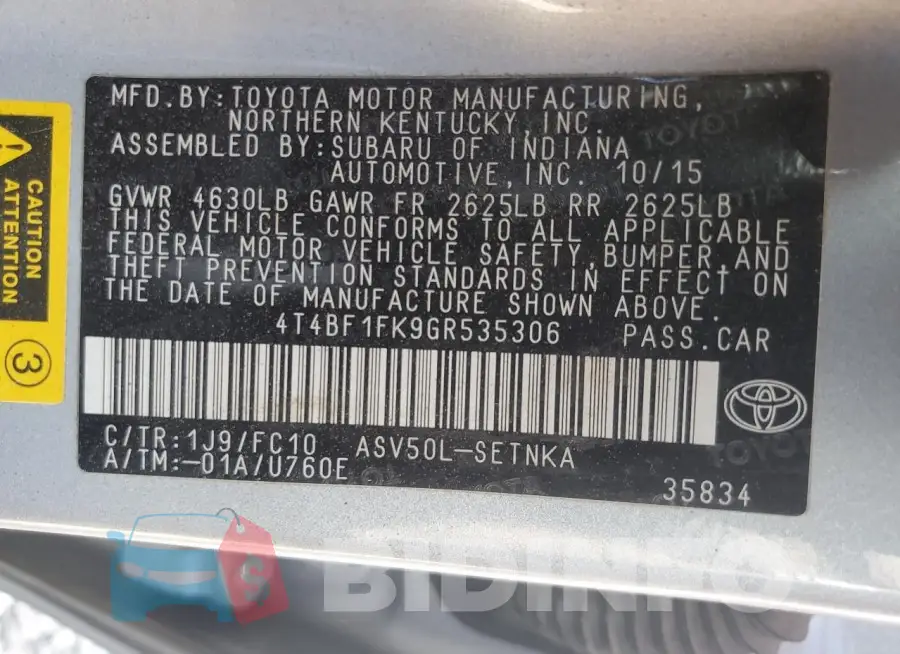 4T4BF1FK9GR535306 Photo# 12