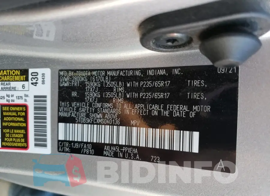 5TDBSKFCXMS040136 Photo# 13