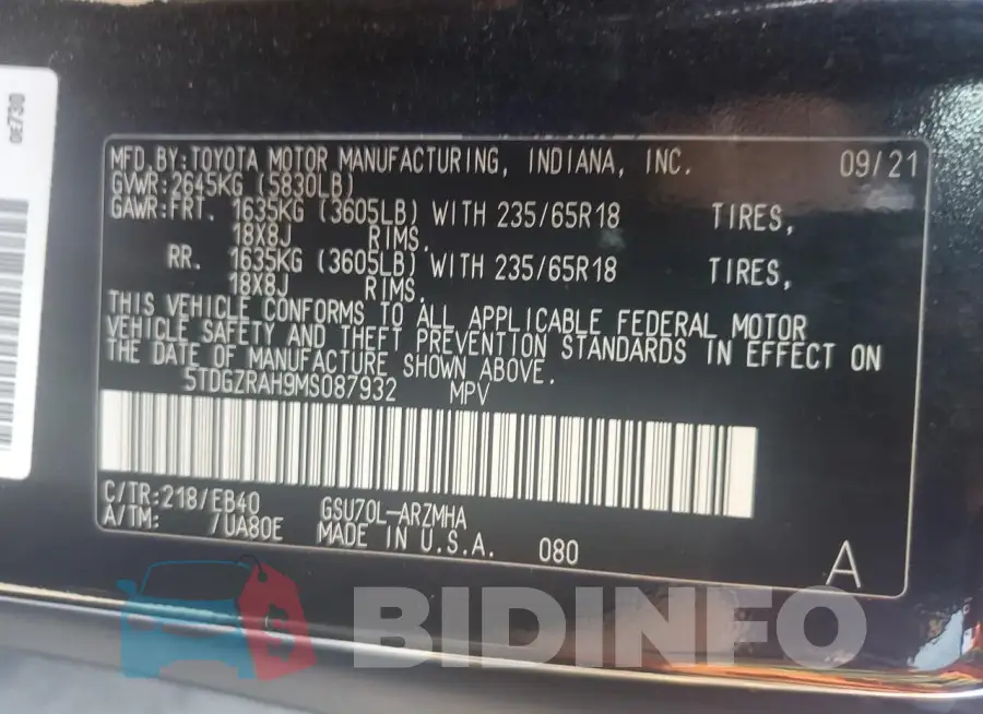5TDGZRAH9MS087932 Photo# 14