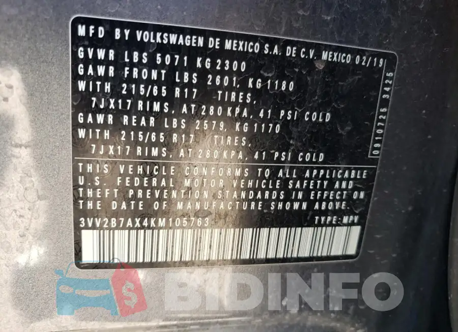 3VV2B7AX4KM105763 Photo# 13