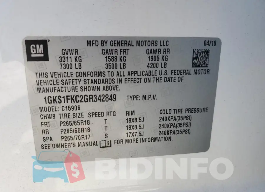 1GKS1FKC2GR342849 Photo# 13