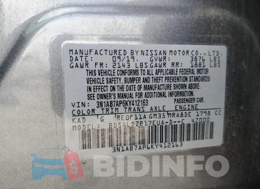 3N1AB7AP6KY412163 Photo# 13