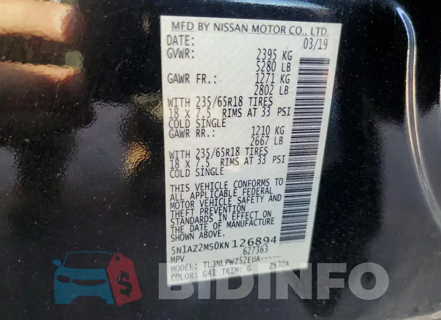 5N1AZ2MS0KN126894 Photo# 14