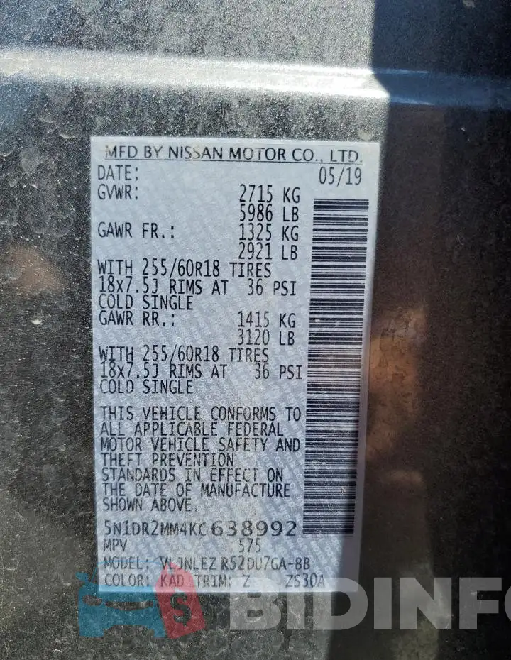 5N1DR2MM4KC638992 Photo# 13