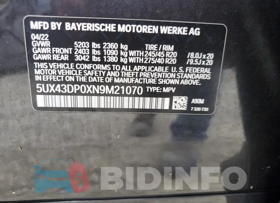 5UX43DP0XN9M21070 Photo# 14