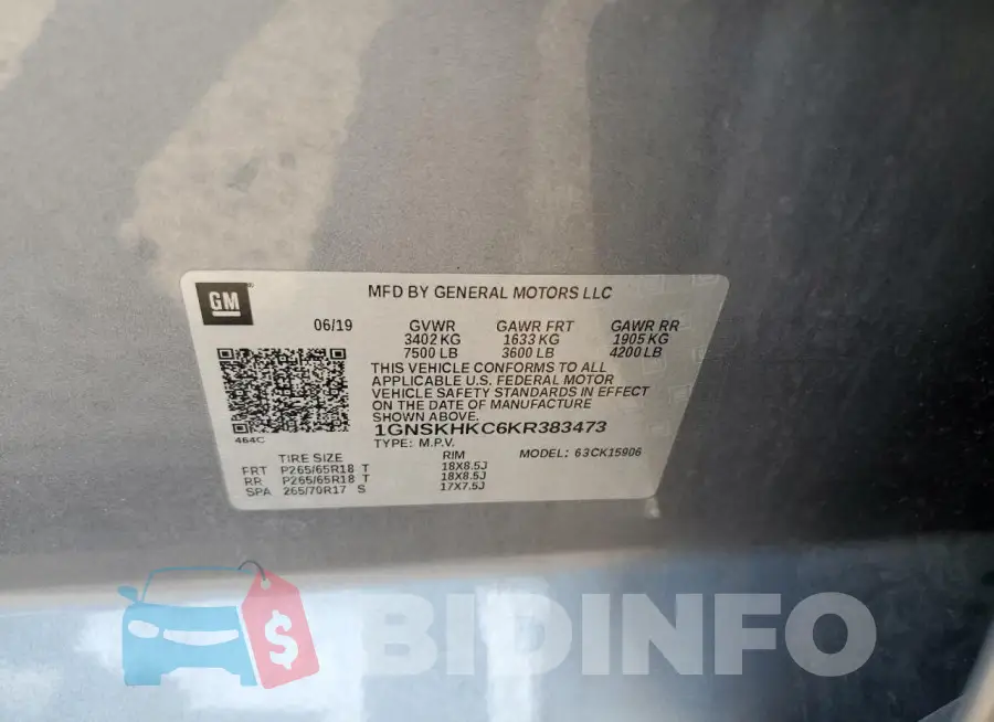 1GNSKHKC6KR383473 Photo# 13