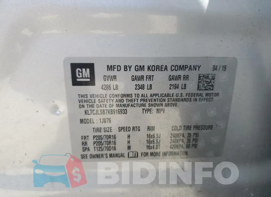 KL7CJLSB7KB916933 Photo# 13