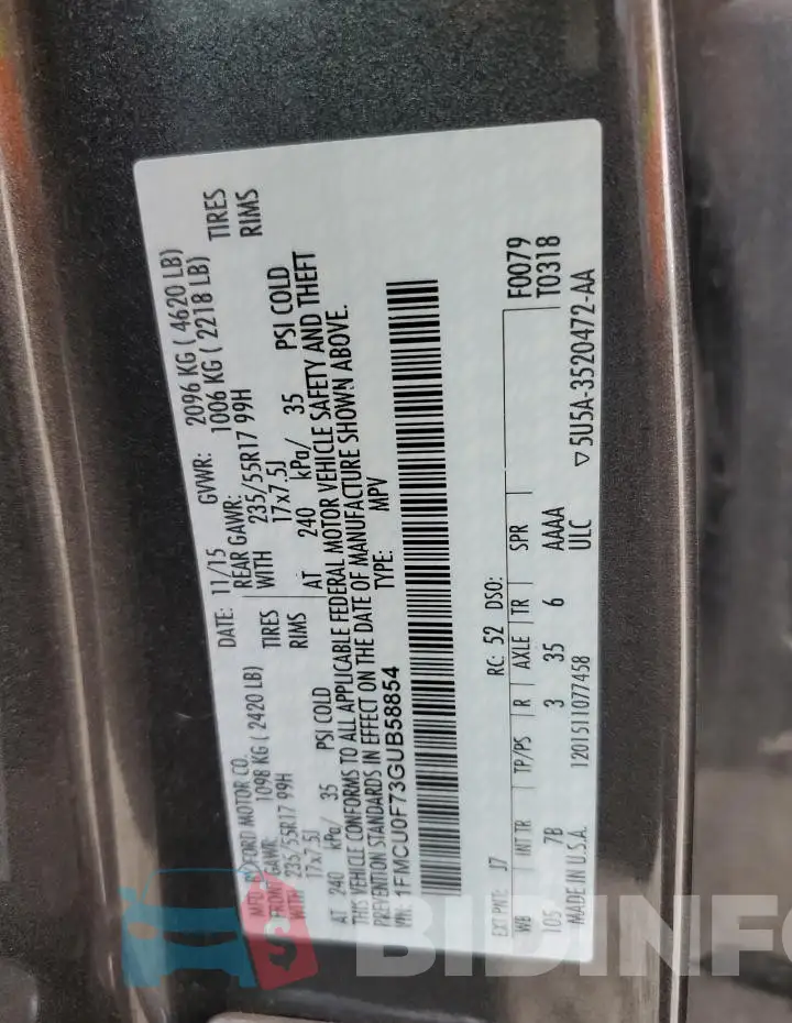 1FMCU0F73GUB58854 Photo# 13