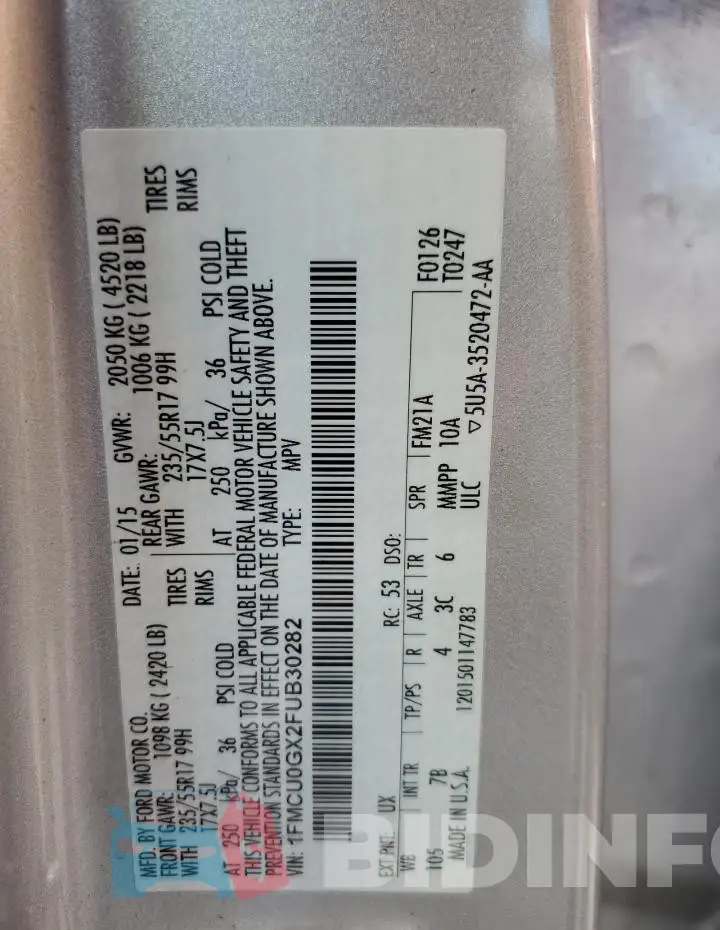 1FMCU0GX2FUB30282 Photo# 14