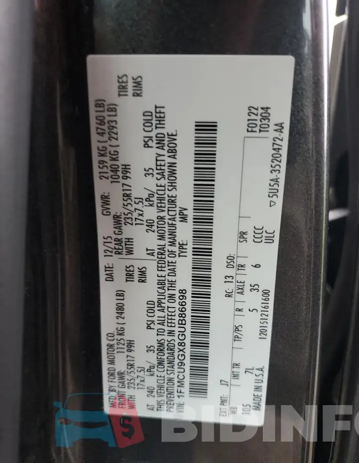 1FMCU9GX8GUB86698 Photo# 13