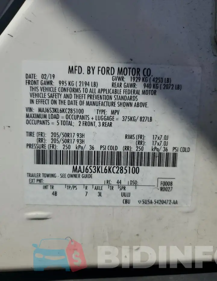 MAJ6S3KL6KC285100 Photo# 14