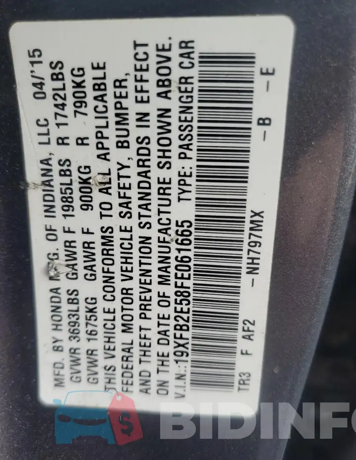 19XFB2E58FE061665 Photo# 12