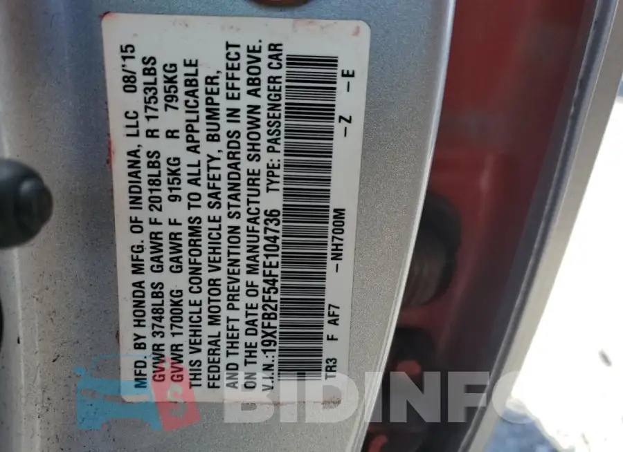 19XFB2F54FE104736 Photo# 12