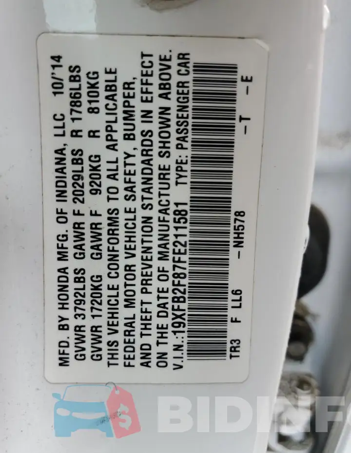 19XFB2F87FE211581 Photo# 12