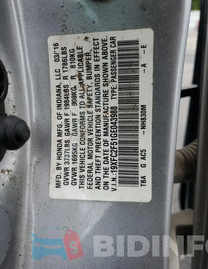 19XFC2F51GE043988 Photo# 12