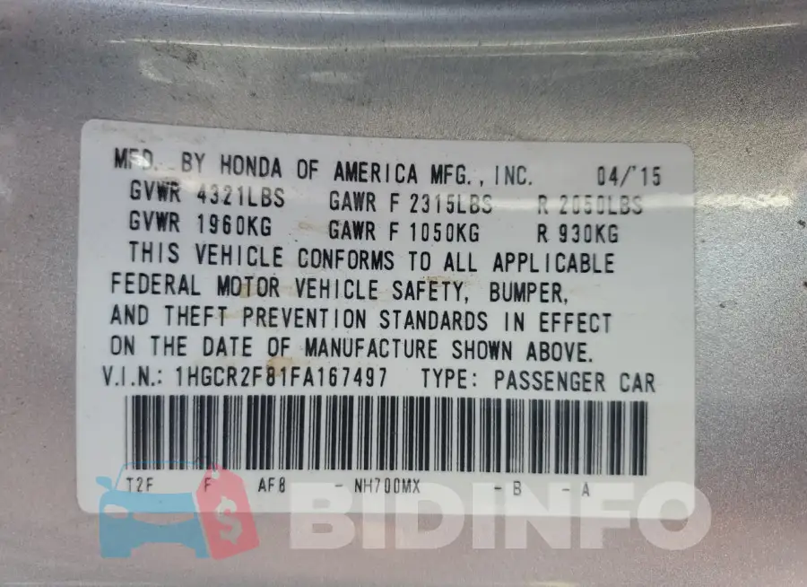 1HGCR2F81FA167497 Photo# 13