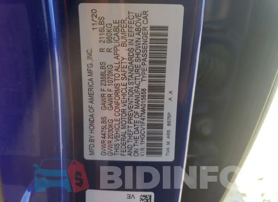 1HGCV1F47MA015658 Photo# 12