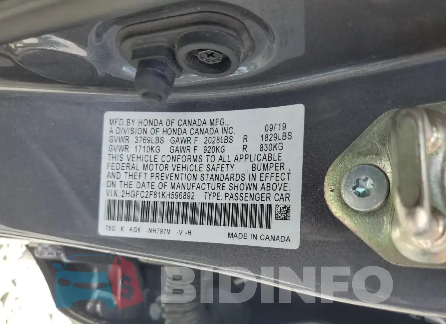 2HGFC2F81KH596892 Photo# 13