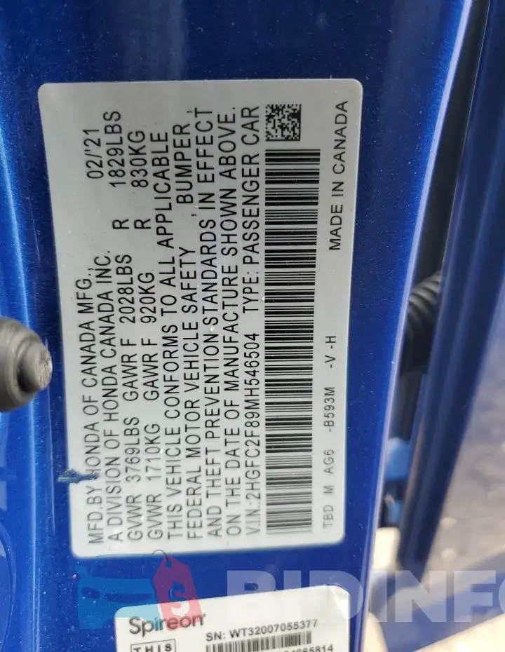 2HGFC2F89MH546504 Photo# 12