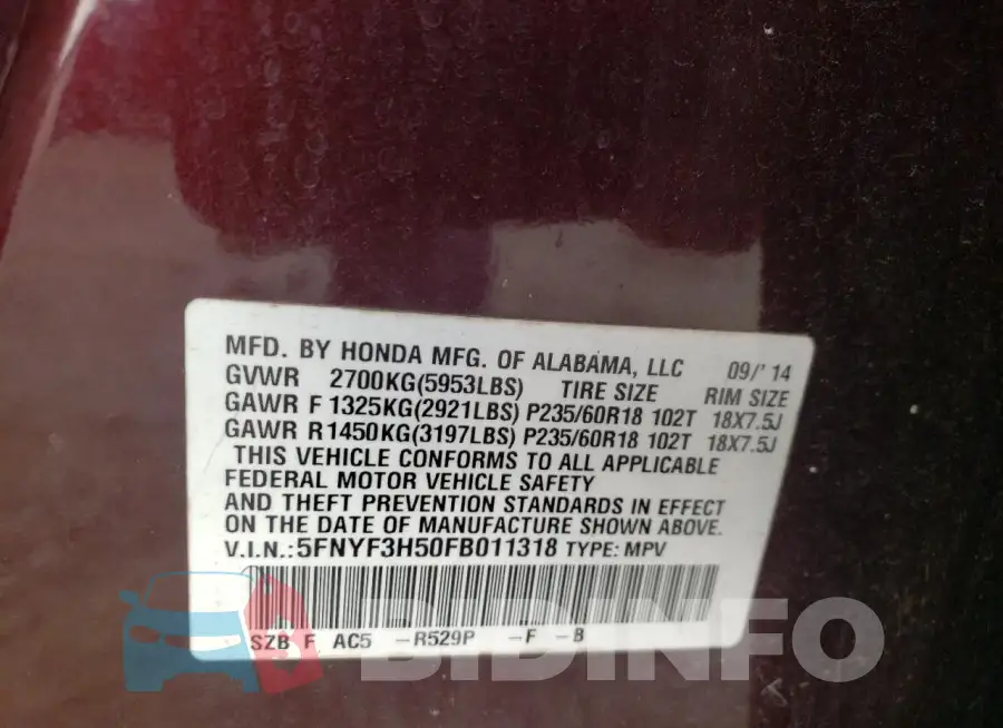 5FNYF3H50FB011318 Photo# 13