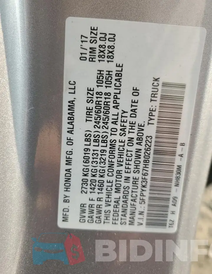 5FPYK3F67HB026223 Photo# 12