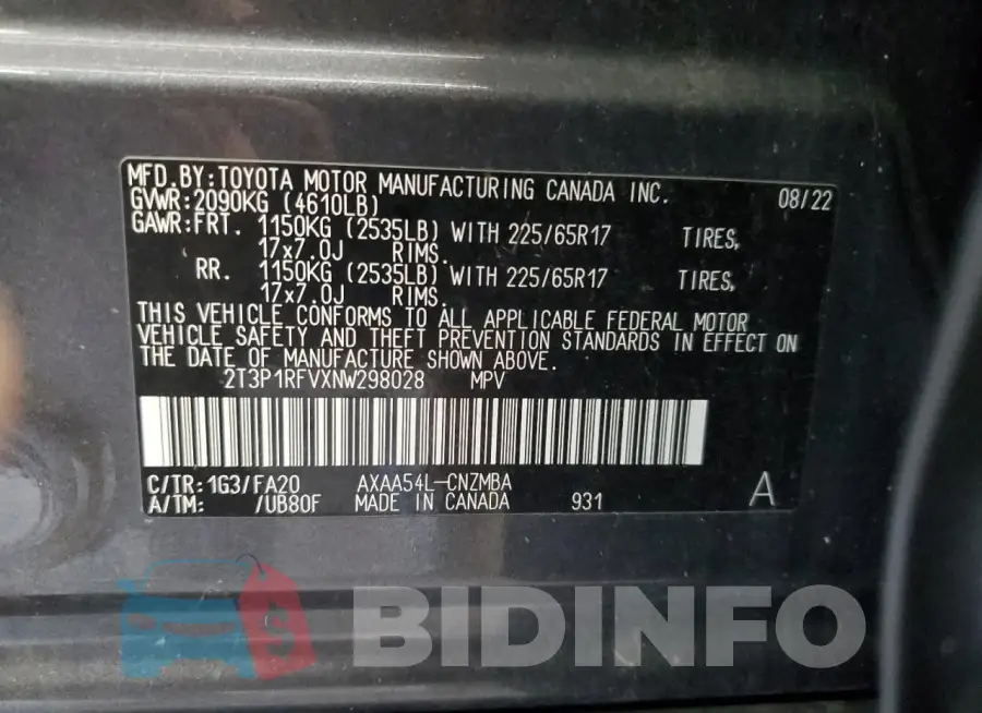 2T3P1RFVXNW298028 Photo# 13