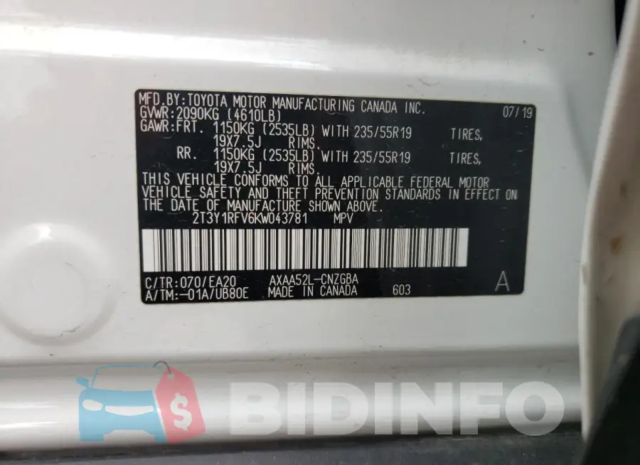 2T3Y1RFV6KW043781 Photo# 12