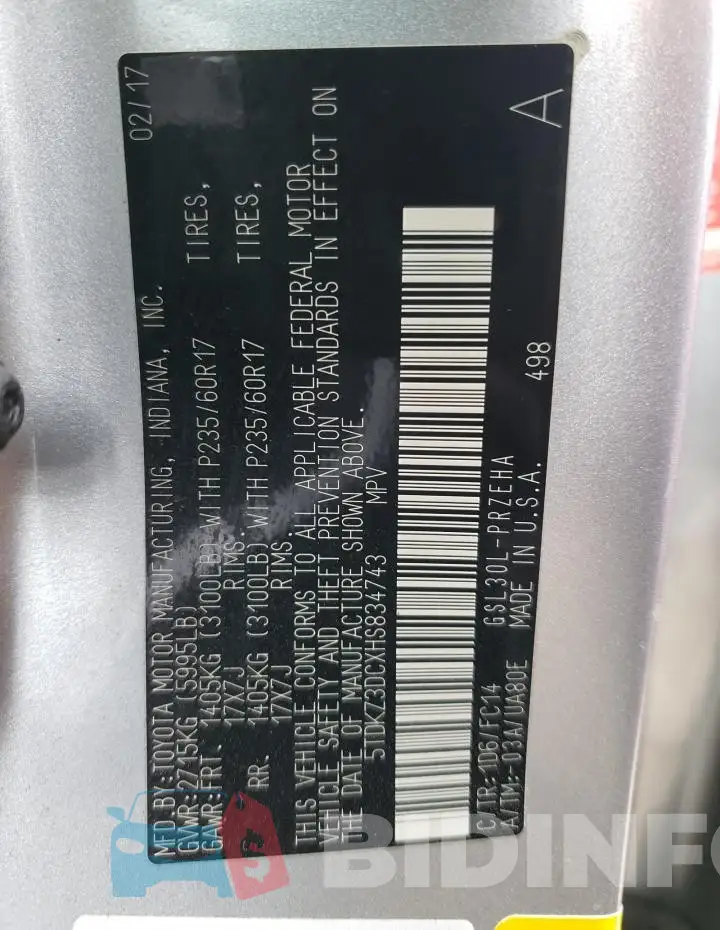5TDKZ3DCXHS834743 Photo# 12