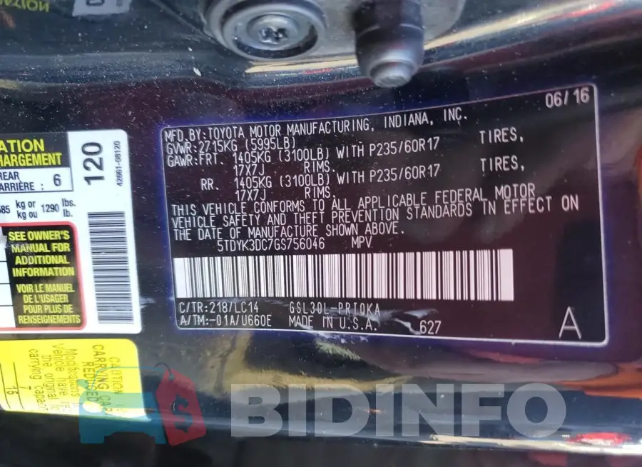 5TDYK3DC7GS756046 Photo# 14