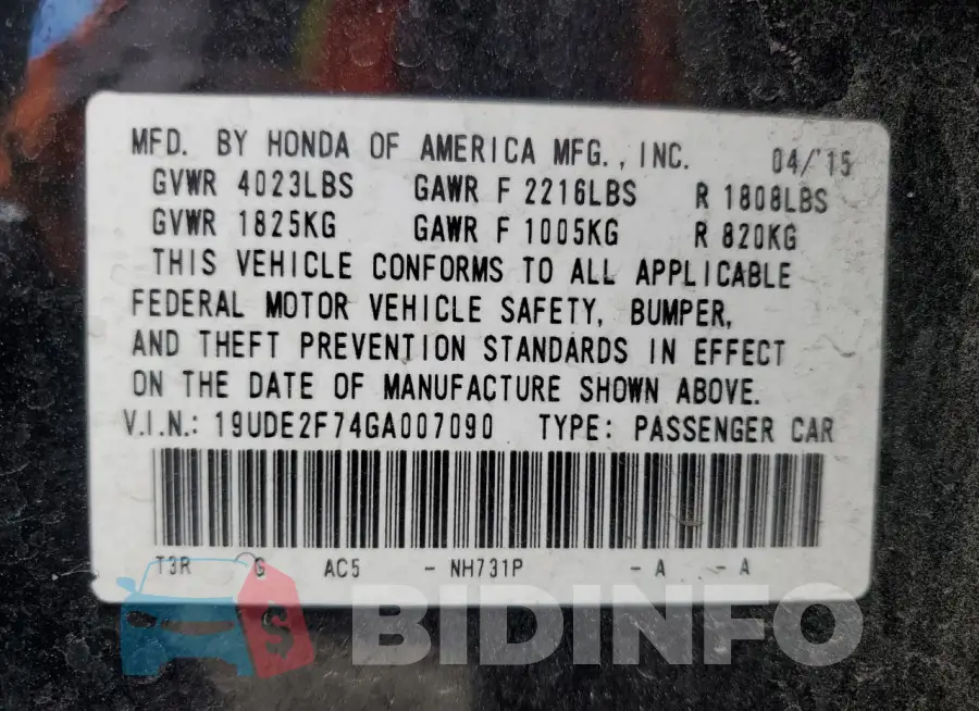19UDE2F74GA007090 Photo# 12