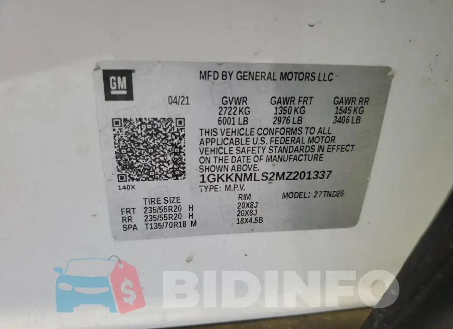1GKKNMLS2MZ201337 Photo# 14